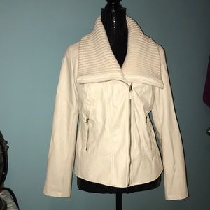 Chico’s ivory sweater collar faux leather jacket